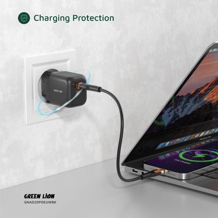 Green Lion Ultra Compact GaN Wall Charger with Single USB-C Port and PC Flame Retardant Material, Fast Charging Support, Charging Protection, Universal Compatibility, Ultra Portable - Black