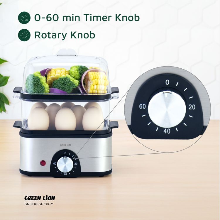 Green Lion 3-Tier Egg Cooker & Vegetable Steamer with 500mL Water Reservoir Capacity, 16 Eggs Tray Capacity, 0-60 Minutes Cooking Time, Stainless Steel Material, Polypropylene Tray Material, Steam Vent Lid, Rotary Knob, Light Indicator- Gray