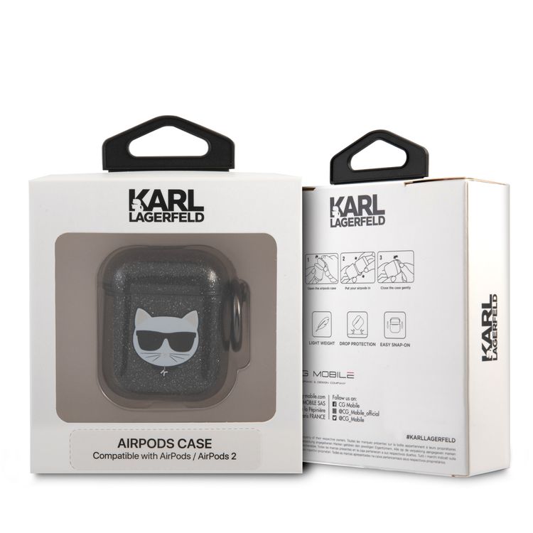 CG Mobile Karl Lagerfeld TPU Glitter Printed Embossed Choupette with Ring Case Compatible with AirPods 1 & 2, Scratch & Drop Protection Cover Officially Licensed - Black