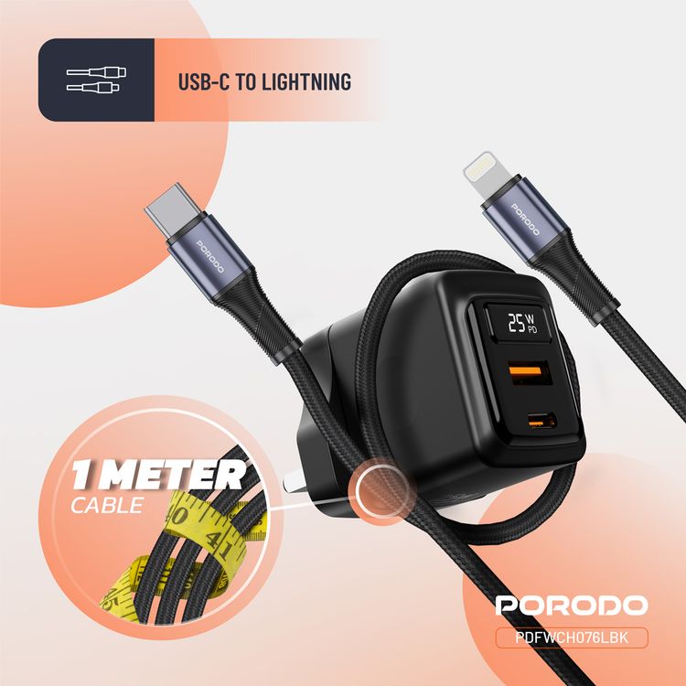 Porodo GaN Wall Charger with USB-C to Lightning Cable, 1m Cable Length, USB-A & USB-C Ports, 25W Power Delivery, Built-in Safeguards, Fast Charge Support, Multiple Device Charging, Digital Display - Black