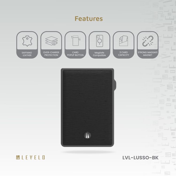 حامل بطاقات Levelo Lusso MagSafe مع مغناطيس MagSafe قوي، جلد PU سافيانو، 3 فتحات للبطاقات، زر منبثق للبطاقات - أسود