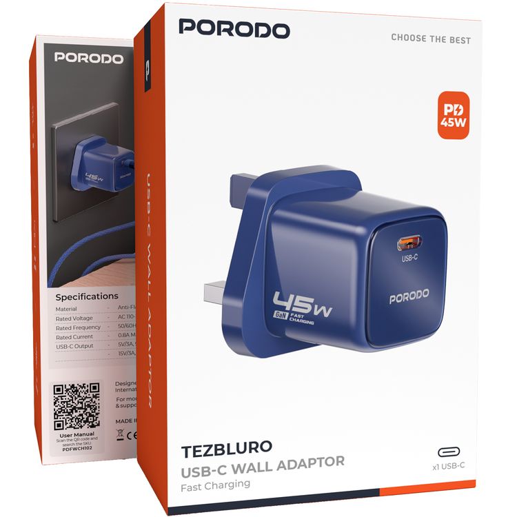 Porodo Tezorenzza USB-C Wall Adapter, Anti-Flame PC Material, GaN Technology, Fast Charge Support, 45W Power Delivery, Universal Compatibility, AC 110-240V Rated Voltage - Blue
