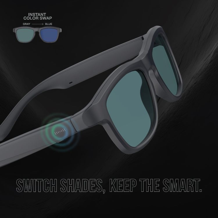 نظارات جرين ليون شيد ميت الذكية بمظهر عصري، وظيفة TWS، مكالمات بدون استخدام اليدين، مساعد صوتي، تحكم باللمس، كاميرا عن بُعد، عدسات مستقطبة، شحن مغناطيسي - أسود