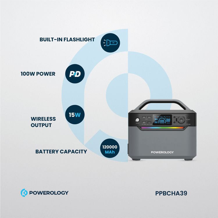 Powerology 600W Power Generator with Dual AC Sockets, USB-C, Dual USB-A & Wireless Outputs, Built-in Flashlight, 120000mAh Battery Capacity, Solar Charging Capability, Portable Design - Black