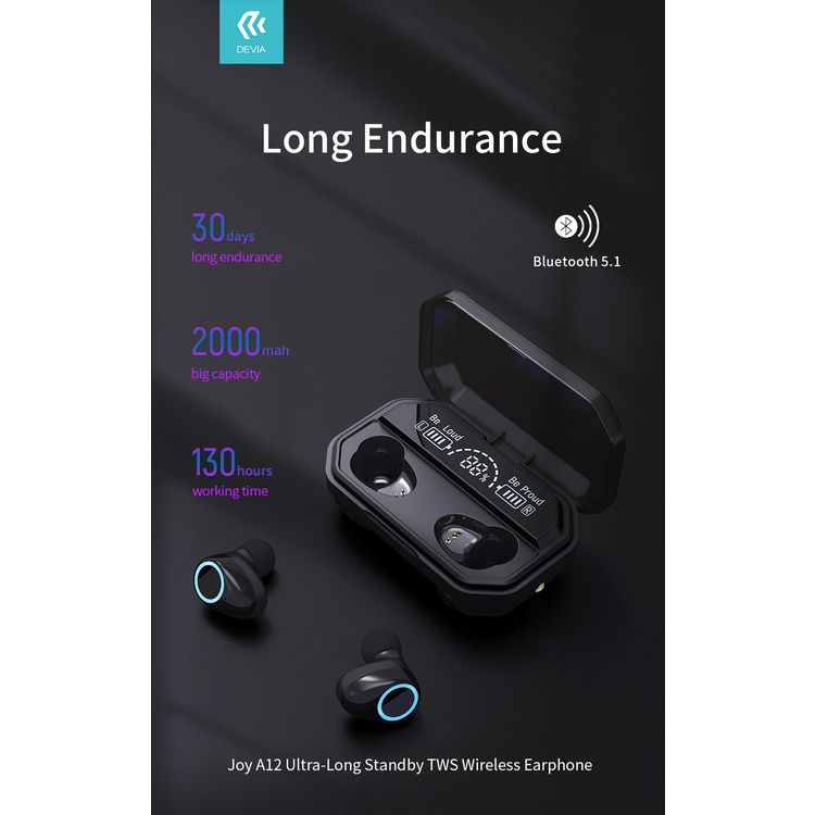 Devia Kintone Series Joy A12 Ultra Long Standby TWS Wireless Earphone - Black