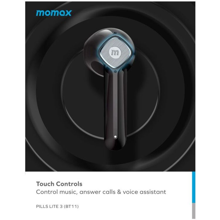 Momax Pills Lite 3 True Wireless Earbuds, Touch Control, Splash and Sweatproof, 35 mAh Battery Capacity, Up to 6 Hours Battery Life - Black