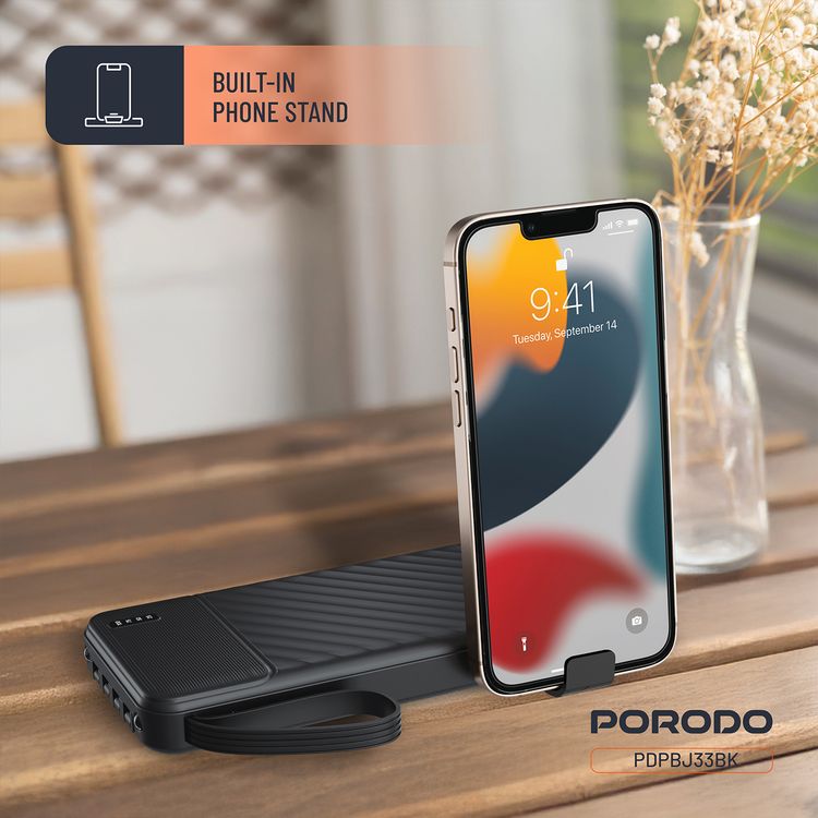 Porodo Piano 10000mAh Power Bank with Flashlight, Portable Handle, Phone Stand, 4 Integrated Cables, USB-A & USB-C & Micro Ports, Fast Charge Support, Universal Compatibility - Black