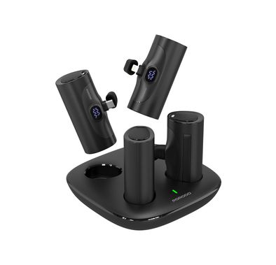 Porodo 5000mAh 4 in 1 Power Bank Station with Dual Lightning and Type-C Integrated Connectors, 20W PD, Portable, Integrated Kickstand, LED Digital Display - Black 