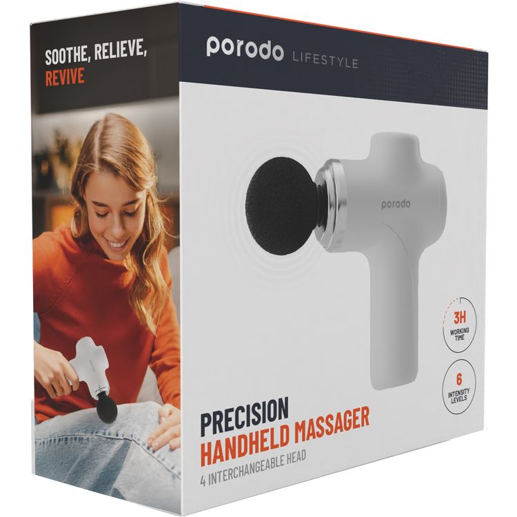 Porodo Lifestyle Precision Handheld Massager with 4 Interchangeable Heads, Up to 120 Minutes Working Time, 2 Hours Charging Time, Type-C Charging Port, 1500 mAh Battery Capacity, 15 W Rated Power, 6 Intensity Levels - White