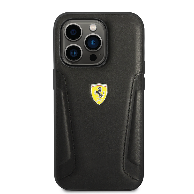 Ferrari Leather Case With Hot Stamped Sides & Yellow Shield Logo - iPhone 14 Pro - Black