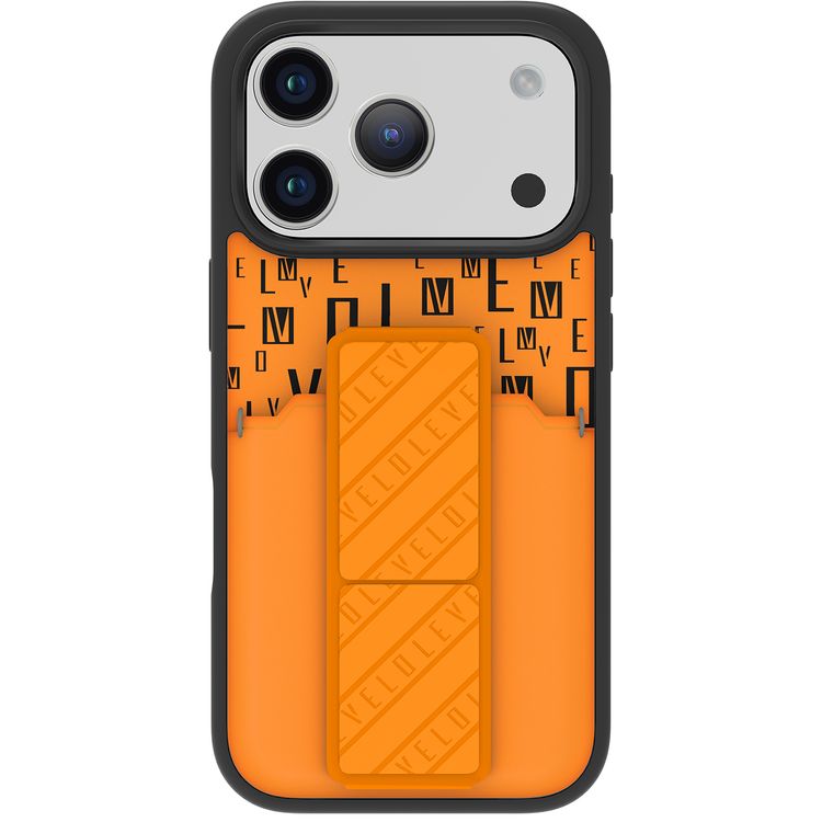 جراب Levelo Morphix GripStand مع حامل البطاقات لجهاز iPhone 17 Pro، تصميم فاخر مطبوع، ممتص للصدمات، حواف مرتفعة لحماية الكاميرا والشاشة، حامل مغناطيسي - لون برتقالي شروق الشمس.