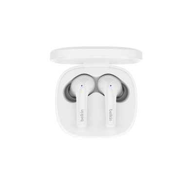 Belkin True Wireless Earbuds with ENC, Up to 28 Hours Playtime, 2 Layer Dynamic 7mm Driver, 1.5 Hours Charging Time, Qi-Wireless Charging Support, IPX5 Water Resistance Level, Bluetooth Version 5.2, 520mAh Charging Case Capacity, 60mAh Each Earbud Capacity - White