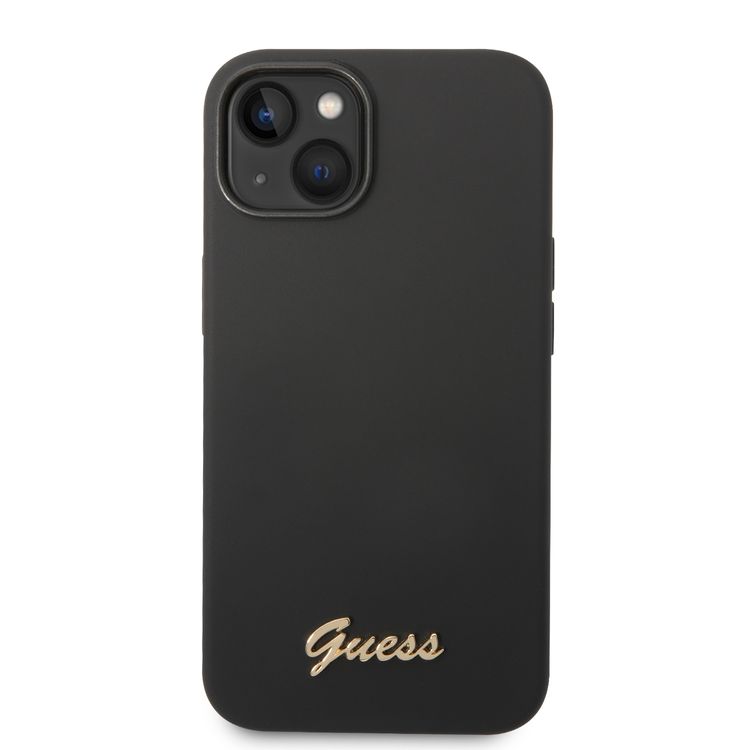 Guess Liquid Silicone Case With PC Camera Outline & Script Metal Logo - iPhone 14 - Black