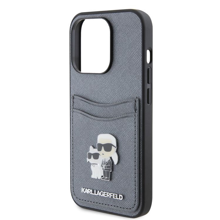 Karl Lagerfeld Saffiano Case with Cardslots and Karl Legerfeld Choupette Heads Metal Pin - Grey - iPhone 15 Pro