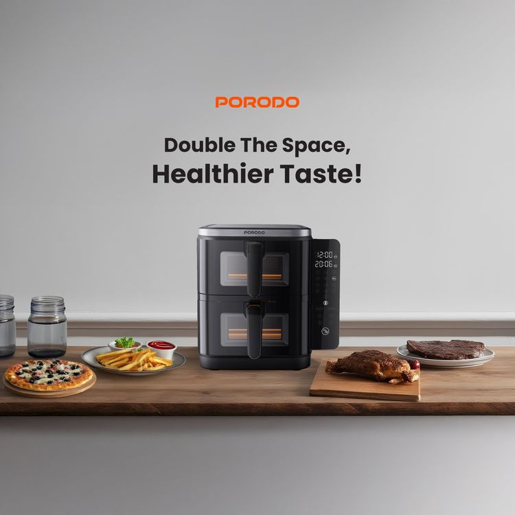 Porodo Lifestyle Double Stack Air Fryer, 11L Capacity, 2800W Power, 220-240V Voltage, 50-60Hz Frequency, 12 Presets, Touch Control - Black