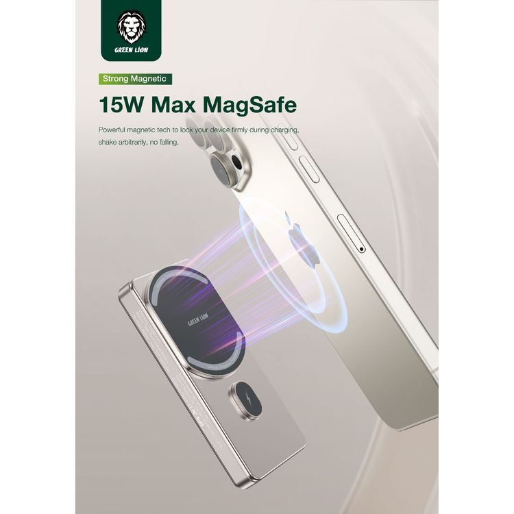 بنك طاقة ميلتون بسعة 10000 مللي أمبير في الساعة من Green Lion، متوافق مع MagSafe، شحن لاسلكي بقدرة 15 وات، مؤشر شحن LED، بطارية كوبالت نقية، مغناطيس قوي، واجهة إدخال من النوع C - تيتانيوم
