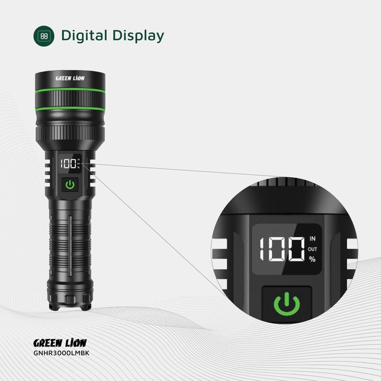 Green Lion Hyper Ray Pro LED Torch with Digital Display, Built-in Power Bank, Up to 7 Hours Working Time, 5 Light modes, 60W Power, Aluminum Alloy Material, 3000 Lumens Brightness - Black