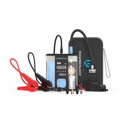 Powerology 3 in 1 Jump Starter & Tire Inflator with Digital Pressure Display, Fast PD Charging, Auto-Stop Inflation, 3-In-1 Power Utility, Smart Inflation System, 0.01-Bar Precision, 12000mAh Battery Capacity - Black/Blue