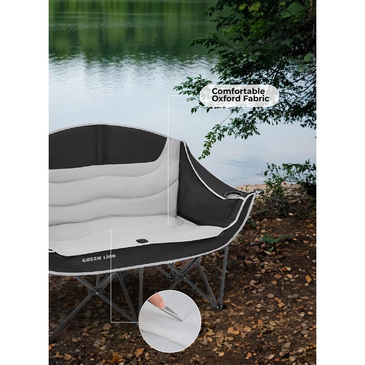 Green Lion Double Camping Chair, 600D Oxford Fabric + Steel Pipe Material, Camping Friendly, Safety Lock, Foldable Design, Easy Setup, Juice Glass Holders  - Gray / Black