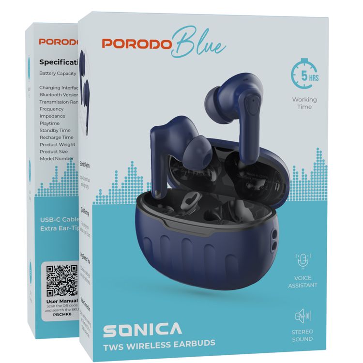 بودو بلو سونيكا سماعات الأذن اللاسلكية TWS مع مساعد صوتي، حتى 5 ساعات من وقت التشغيل، إصدار البلوتوث 5.3، حافظة شحن بسعة 200 مللي أمبير وسماعات بسعة 30 مللي أمبير، اقتران سريع، صوت ستيريو، حتى 120 ساعة من وقت الاستعداد - اللون الأزرق