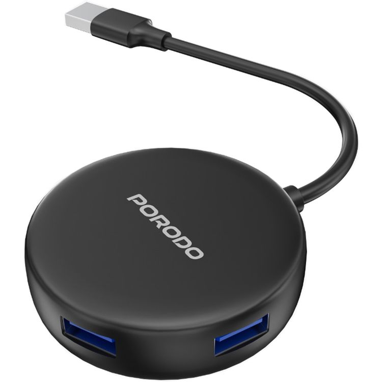 Porodo Multi-Port Hub with USB-C Power Support, Broad Compatibility, ×4 USB 3.0 Ports,  Plug & Play, Compact & Lightweight - Black