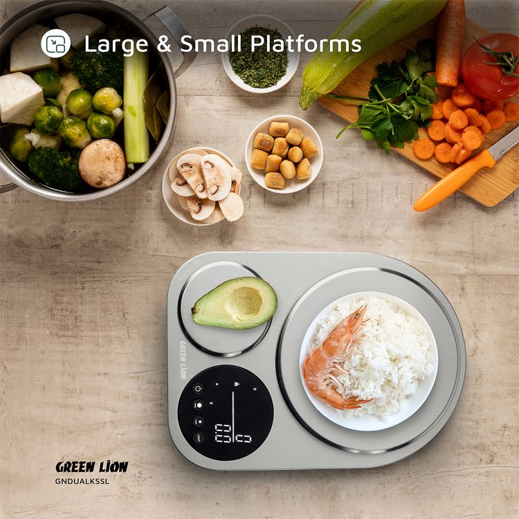 Green Lion Dual Kitchen Scale with Low Battery Indicator, Large & Small Platforms, Overload Indicator, Digital Display, Tare Function, Stainless Steel 201 Material - Silver 