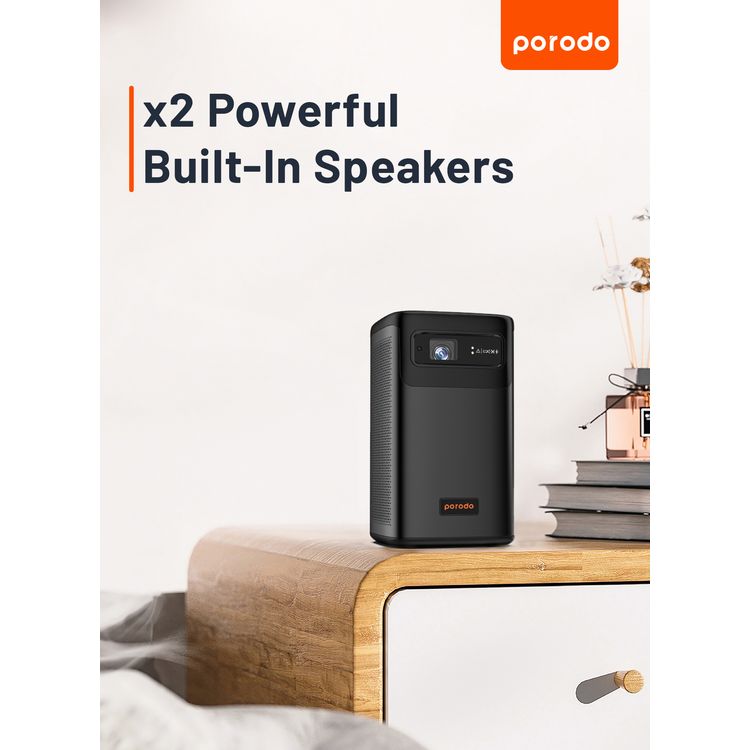 Porodo Portable DLP Projector with Wireless Mirroring for iOS and Android, 8000mAh Battery, 2-3 Hours Working Time, 180 ANSI Brightness, 16:9  Screen Ratio, 2 Integrated Speakers - Black