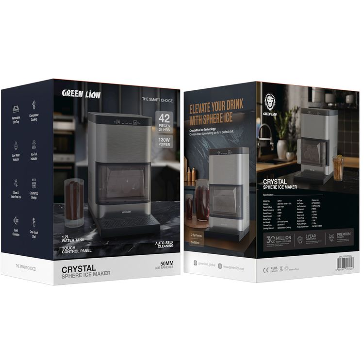 صانع كرات الثلج الكريستالية من جرين ليون بسعة خزان ماء 1.2 لتر، تبريد بالضاغط، صينية تقطير قابلة للإزالة، تنظيف ذاتي تلقائي، لوحة تحكم باللمس، تشغيل هادئ، تصميم يوضع على سطح العمل - فضي