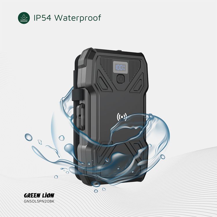 Green Lion Solar 5-Panel 20000mAh Power Bank with LCD Battery Display, IP54 Waterproof, 3 LED Modes, QC 22.5W Fast Charging, 15W Wireless Charging - Black