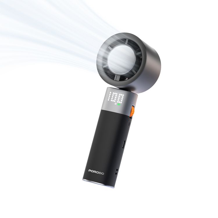 Porodo Lifestyle Handheld Turbo Fan with 100-Level Wind Speed Adjustment, Up to 4 Hours of Working Time, 13000RPM Operating Speed, Integrated Flashlight, 90° Folding Design - Black