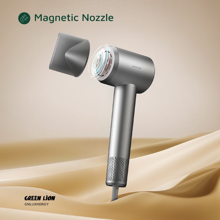 Green Lion LUXAIR Hair Dryer with 1600W Rated Power, 3 Heat Settings, Magnetic Nozzle, Digital Display, Thermostat Control, 2 Wind Speeds - Gray 