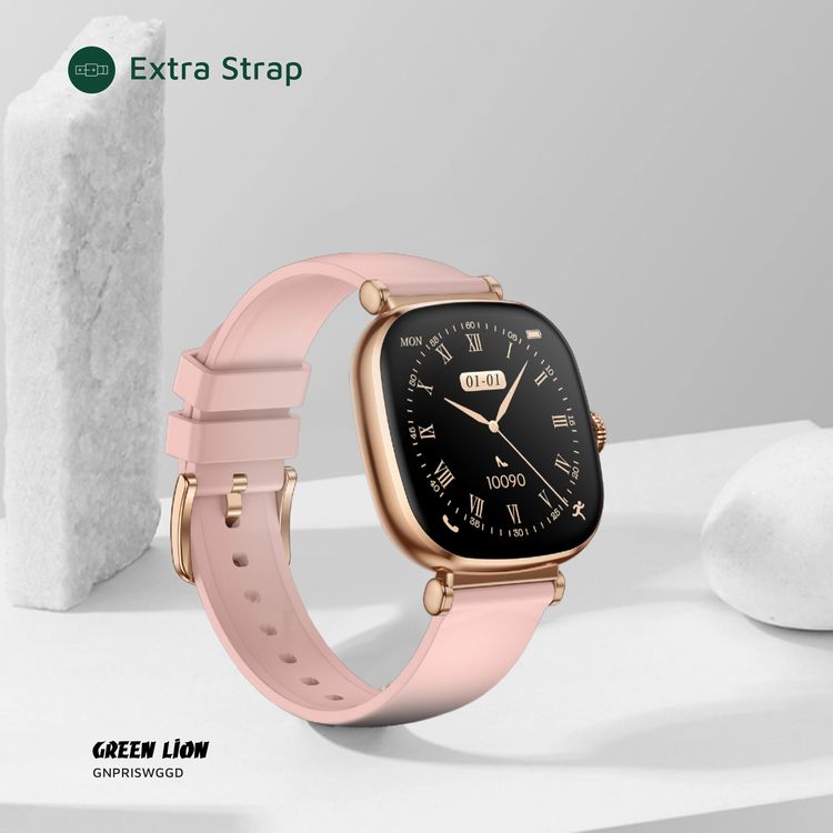 Green Lion Princess Smart Watch, Extra Strap Included, Find Watch, Blood Pressure,  Sleep Monitoring,  Music Control, Call & Social Notifications - Glossy Gold