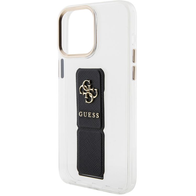 Guess Gripstand Clear Case with Saffiano Grip Leather & 4G Logo for iPhone 15 Pro Max -Black - أسود
