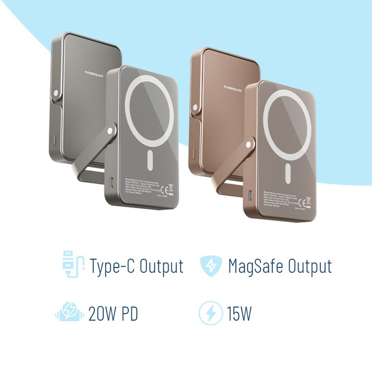 Powerology 10000mAh Magsafe Glass Surface Power Bank with Compact Design, Type-C & Wireless output, Integrated Stand, Aluminum Material, 20W Power Delivery, Cable-Free - Titanium 