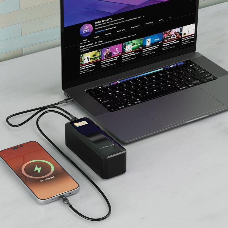 Powerology NeuroVolt 140 Power Bank with 27000mAh Capacity, USB-A & Dual USB-C Ports, 140W Power Delivery, Fire-Proof Material, Simultaneous Charging, Built-in Safeguards, Digital Display, Fast Charge - Black