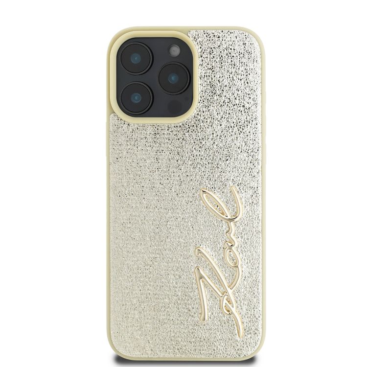 Karl Lagerfeld Wrinkled Design PU Hard Case with Metal Signature Logo for iPhone 16 Pro Max, Slim Profile, Comfortable Grip, Drop Protection, Lightweight, Sustainable Packing - Gold 