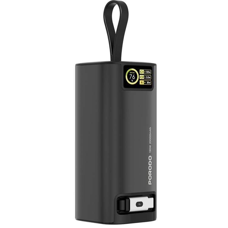 Porodo 20000mAh 130W Power Bank with 1m Retractable Type-C Cable, 100W Power Delivery, Suitable for Laptop Charging, Digital Display - Black