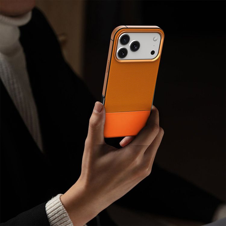 Levelo Cuir Leather Hybrid Case with Comfortable Grip for iPhone 17 Pro, Strong Magnets & MagSafe Compatible, Shock-Resistant Bumper, Aluminum Alloy Frame for Camera & Buttons, Drop-Tested - Sunrise Orange