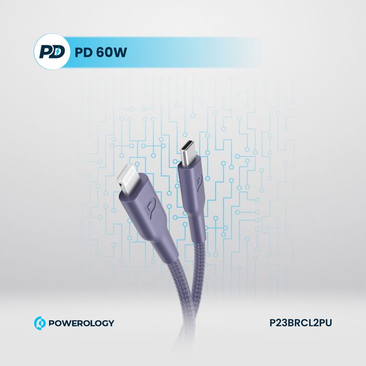 Powerology Braided USB-C to Lightning Cable with 60W Power Delivery, 2m Cable Length, Fast Data Transfer & Fast Charge, Universal Compatibility - Purple