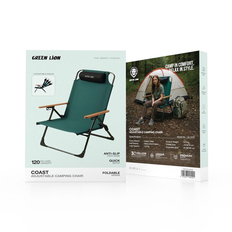 Green Lion Coast Adjustable Camping Chair with Tear Resistant, Lightweight Design, Breathable Fabric, Durable Construction, Anti-Slip Foot Base, Foldable Design, 4 Adjustable Angles, Removable Pillow, Quick Setup - Green