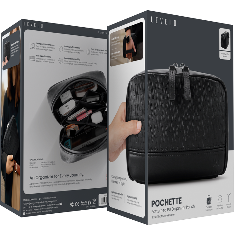 Levelo Pochette Pouch with Mesh Pocket, Built-in Grip Handle, PU Leather Finish & Durable Material, Ample Space, Multiple Compartments, Elastic Strap - Black