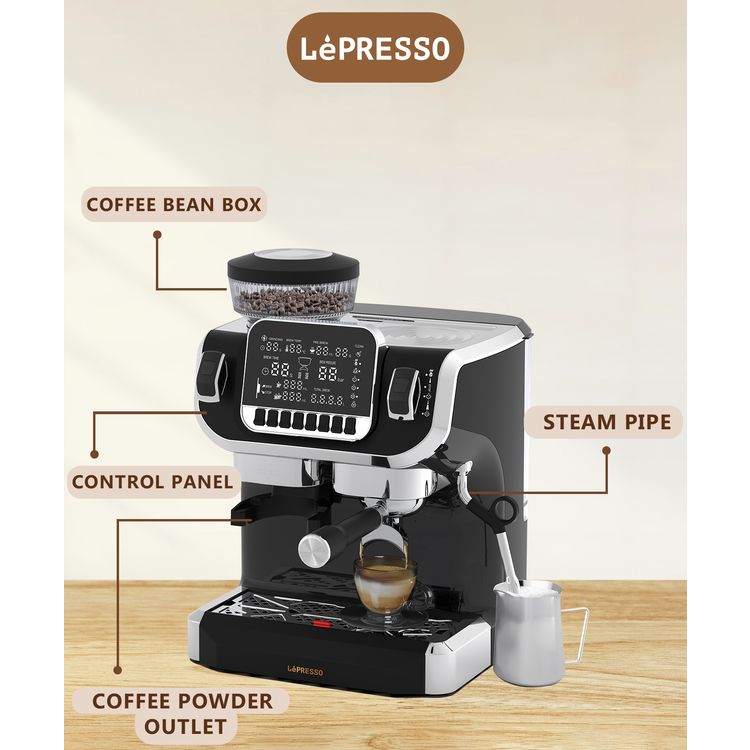 Lepresso Espresso Coffee Maker with Bean Grinder and LCD Display, Adjustable Grinder, Patented Design, Single Boiler Type - Black