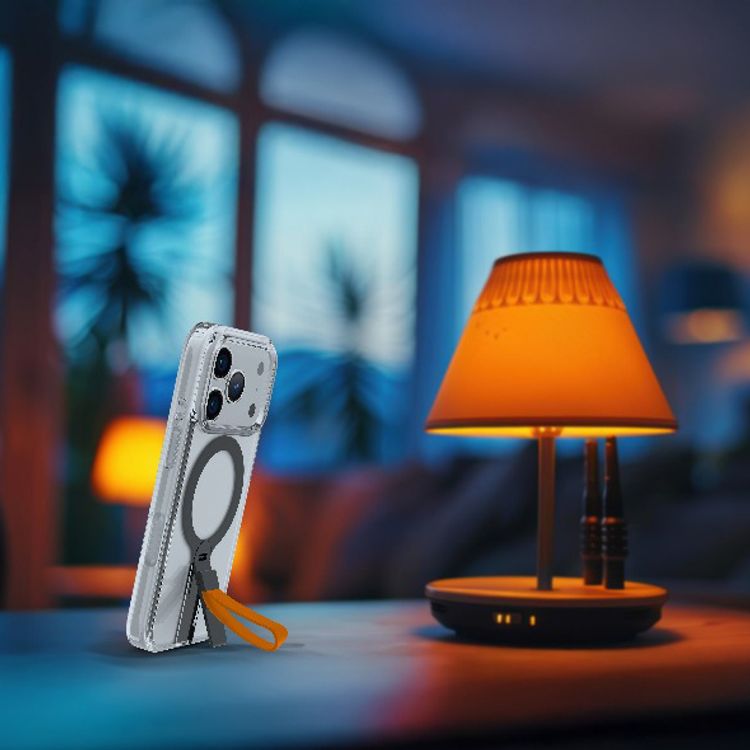 Levelo Spira MagSafe Clear Grip Case for iPhone 17 Pro Max, Strong Magnets, Horizontal & Vertical Viewing, Shock-Resistant Bumper, Anti-Scratch, 360° Rotating Metal Kickstand - Sunrise Orange