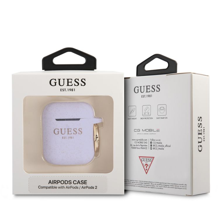 CG MOBILE Guess Silicone Glitter Case with Anti-Lost Ring Compatible for AirPods 1/2, Scratch Resistant, Shock Absorption & Drop Protection Cover Officially Licensed - Purple