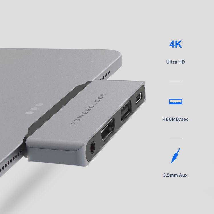 Powerology USB C Hub 4 in 1 Pro Adapter - Gray