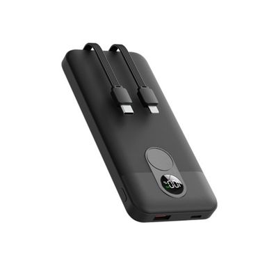Porodo 10000mAh Power Bank with Built-in Type-C & Lightning Cable, 22.5W Power Delivery, Simultaneous Charging, 0%-60% Charge in 35 Minutes, Digital Display - Black