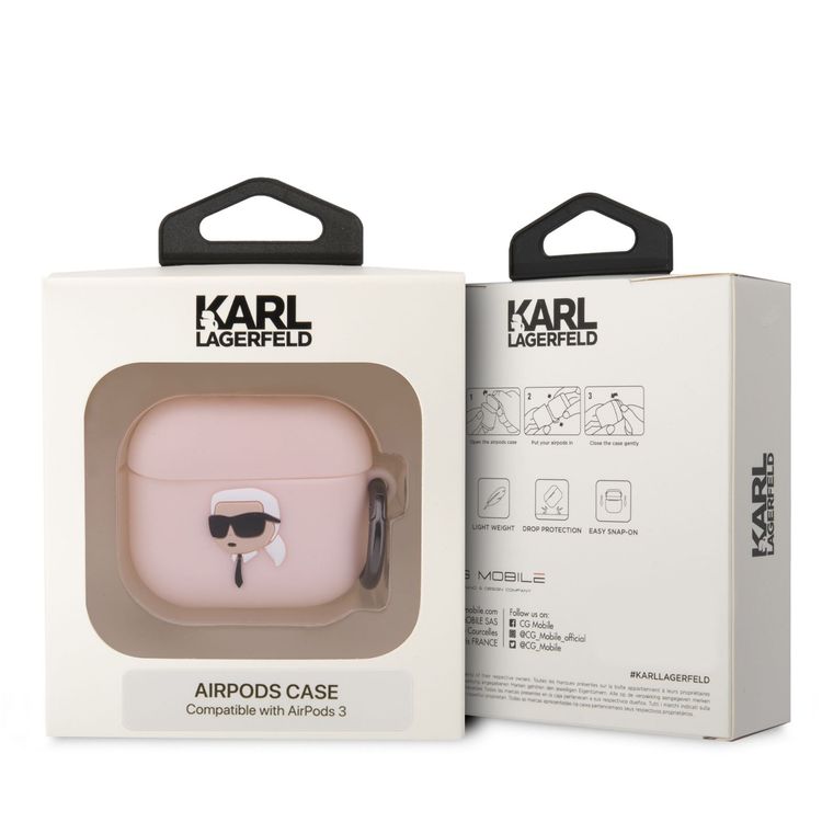Karl Lagerfeld 3D Silicone Case for AirPods 3, NFT KARL Design, Lightweight, Easy Snap-on, Drop Protection, Easy to Carry - Pink