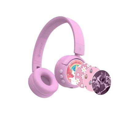 سماعات رأس BuddyPhones Pop Fun للأطفال مع عمر بطارية 24 ساعة، عناصر تحكم مدمجة، وسائد مضادة للحساسية، ملصقات زخرفية، صوت آمن - وردي فاتح 