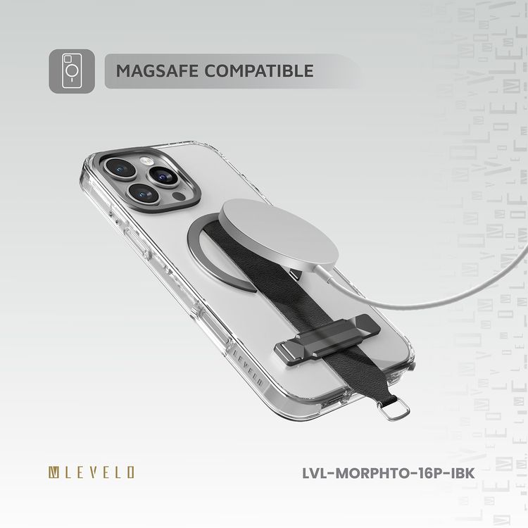 Levelo Morphix Trio Case for iPhone 16 Pro with Built-in Kickstand, Metal Camera Edge, MagSafe Compatible, Impact-Resistant Corners, Grip Strap & Metal Hook, Anti Yellowing - Ink Black