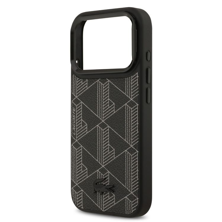 حافظة Lacoste MagSafe بغطاء من الجلد الصناعي مع شعار Monogramme وحامل كاميرا لهاتف iPhone 17 Pro، بتصميم نحيف، تغليف مستدام، حماية من السقوط، تصميم سهل التركيب - باللون الأسود